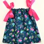 BLUE PINK FLOWER with PINK Ribbon- Handmade Infant/Toddler Dress/Blouse  SIZE: 6-12MO