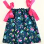 BLUE PINK FLOWER with PINK Ribbon- Handmade Infant/Toddler Dress/Blouse  SIZE: 18-24MO