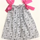 COLOR ME BLK WHT FLWR with PINK RIBBON- Handmade Infant/Toddler Dress/Blouse  SIZE: 6-12MO