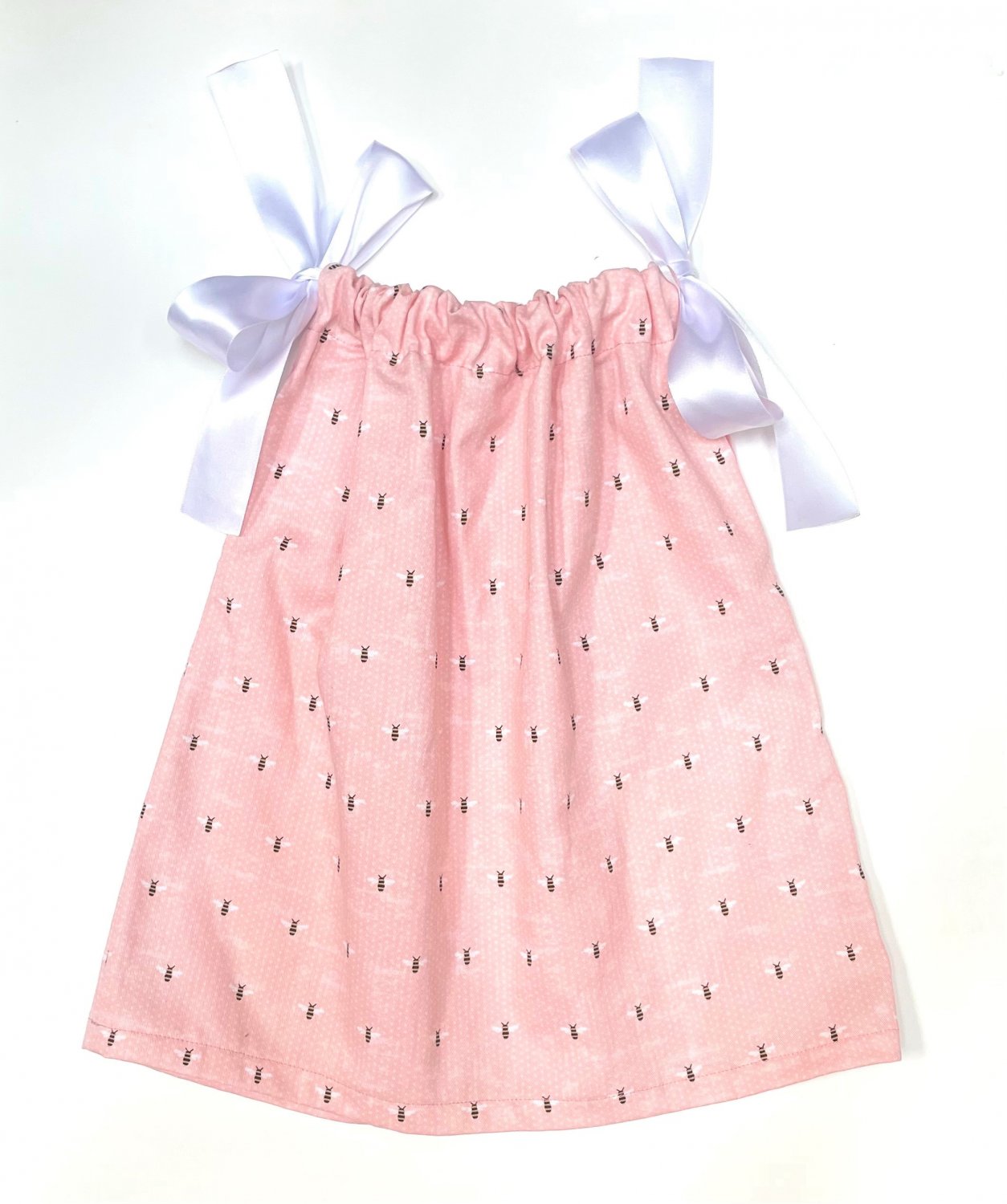 BLUSH BEES with WHITE Ribbon- Handmade Infant Toddler Dress/Blouse  SIZE: 12-18MO