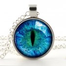 Cat Eye Necklace - Silver Glass Photo Pendant - Colorful Blue Eye Art with Chain and Gift Bag