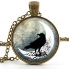 Vintage Raven Pendant -Necklace- Old Antique Spooky Bird and Moon Art Jewellery