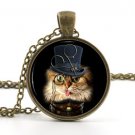 Steampunk Cat Necklace Picture Pendant - Cool Funny Hat Animal Kitten Jewellery
