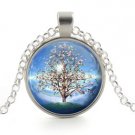 Tree Pendant Necklace - Silver Sky Blue Rainbow Pink Flowers - Girl Jewelry Gift