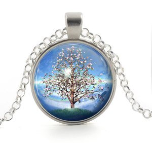 Tree Pendant Necklace - Silver Sky Blue Rainbow Pink Flowers - Girl Jewelry Gift