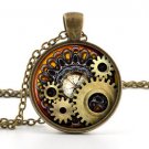 Steampunk Necklace Pendant - Vintage Bronze Compass Gears Cog Jewelry & Gift Bag