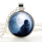 Silver Cat Pendant Necklace - Halloween Black Cat in Blue Moon Art Jewellery