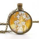 Mucha Lily Pendant Necklace - Vintage Antique Art Nouveau Picture Womens Jewelry