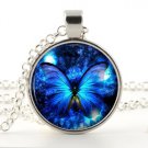 Glowing Blue Color Butterfly Necklace - Silver Insect Bug Night Star Jewelry Art