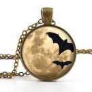Black Bat Necklace Pendant - Vintage Bronze Full Moon Art Halloween Jewellery
