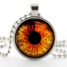 Silver Halloween Necklace Pendant - Orange Colour Fantasy Dragon Eye Art Jewelry