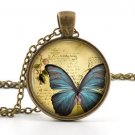 Blue Butterfly Necklace Pendant - Vintage Jewelry - Insect Bug Art Pink Flowers