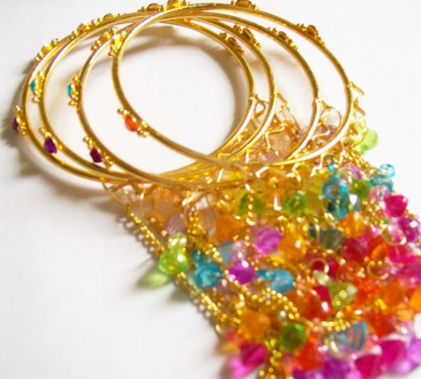 Small Size Gold Plated Bangles Bracelets with Trinkets Hangings Beads 4Pc
