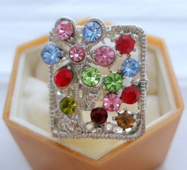 Multi Color Flower Crystal Rhinestone Silver Adjustable Ring