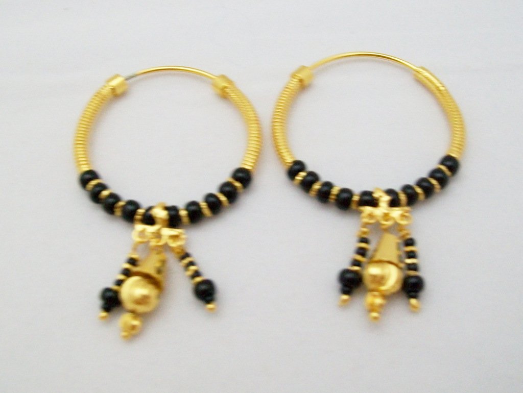 Black Beads Dangle Gold Plated Hoop Earrings Pair