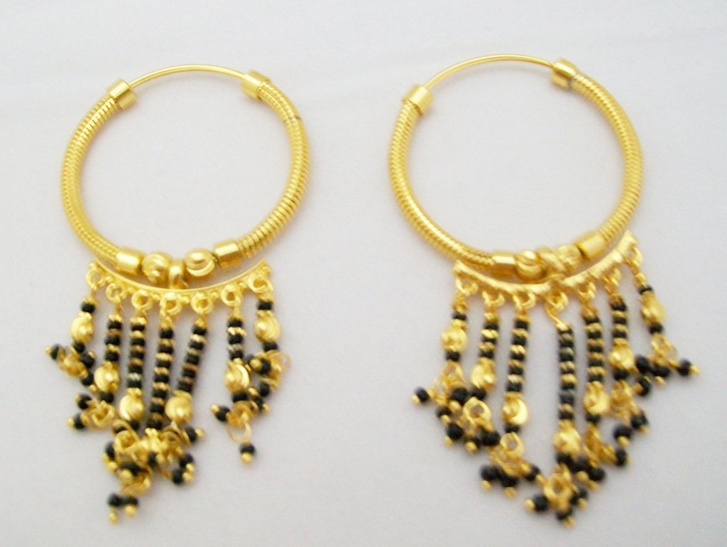 Gold Plated Tasselled With Black Beaded Contemporary Drop Earring