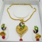 Peacock Motif Kundan Meenakari Chain Pendant Necklace Jhumka Jewelry Set