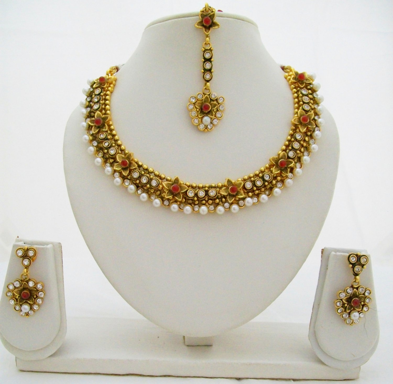 Flower Design Pearl Kundan Necklace Earring Tikka Set