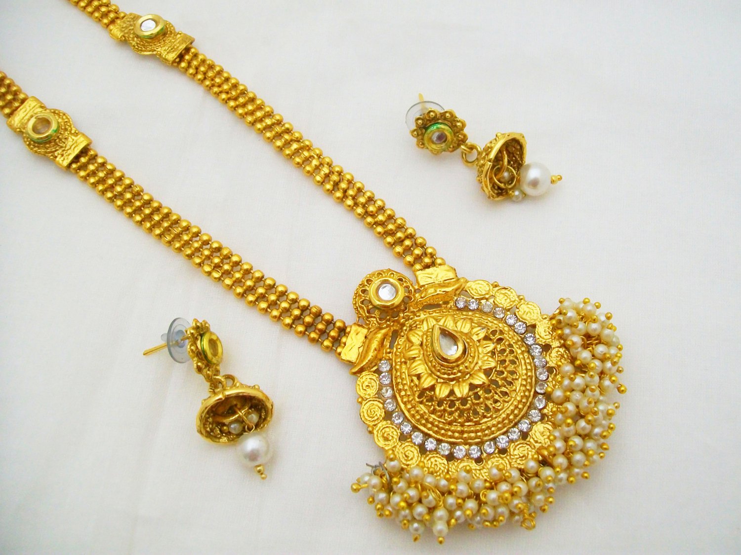 Rani Haar Long Pearl Gold Plated Necklace Set Vintage Indian Wedding Jewelry