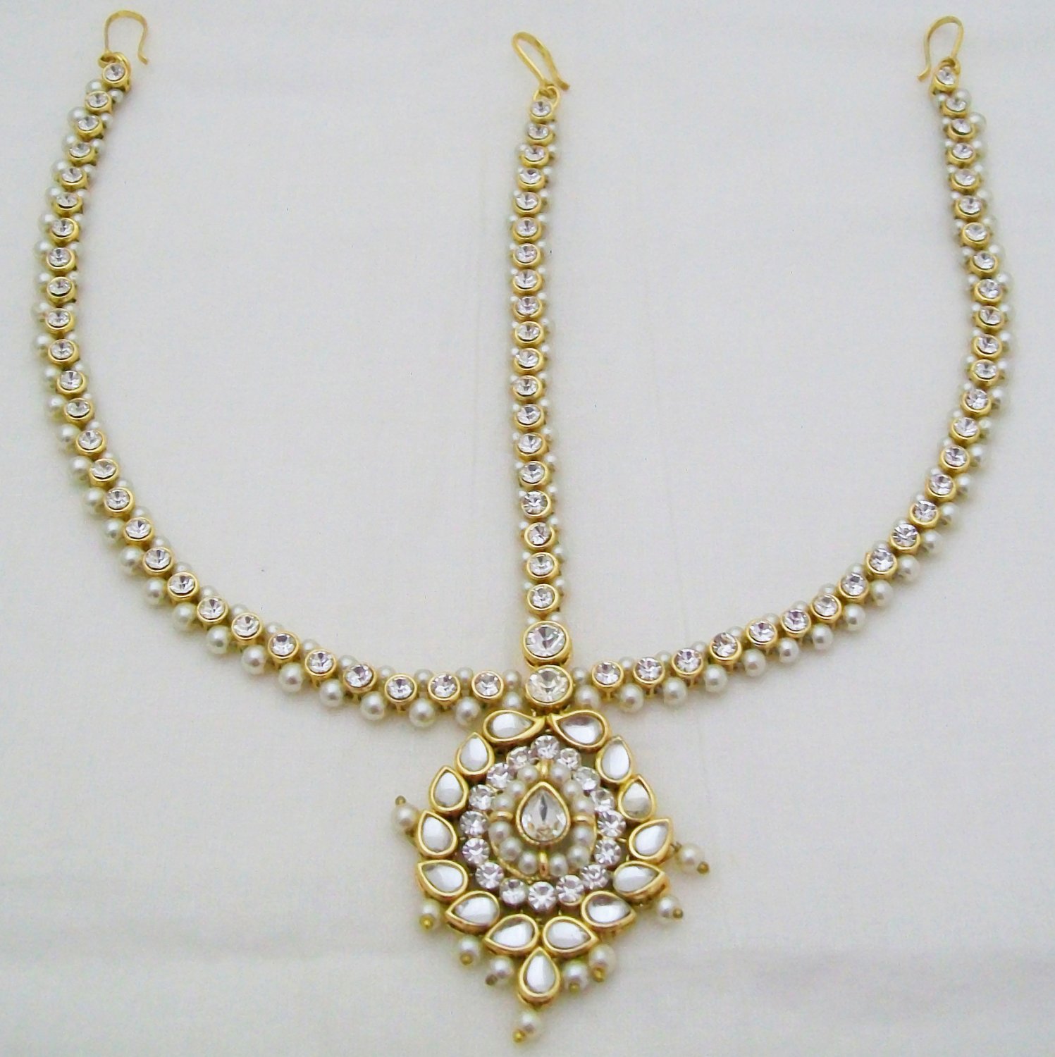 Pearl Kundan Matha Patti Head Piece Forehead Chain Indian Bridal Wedding Jewelry