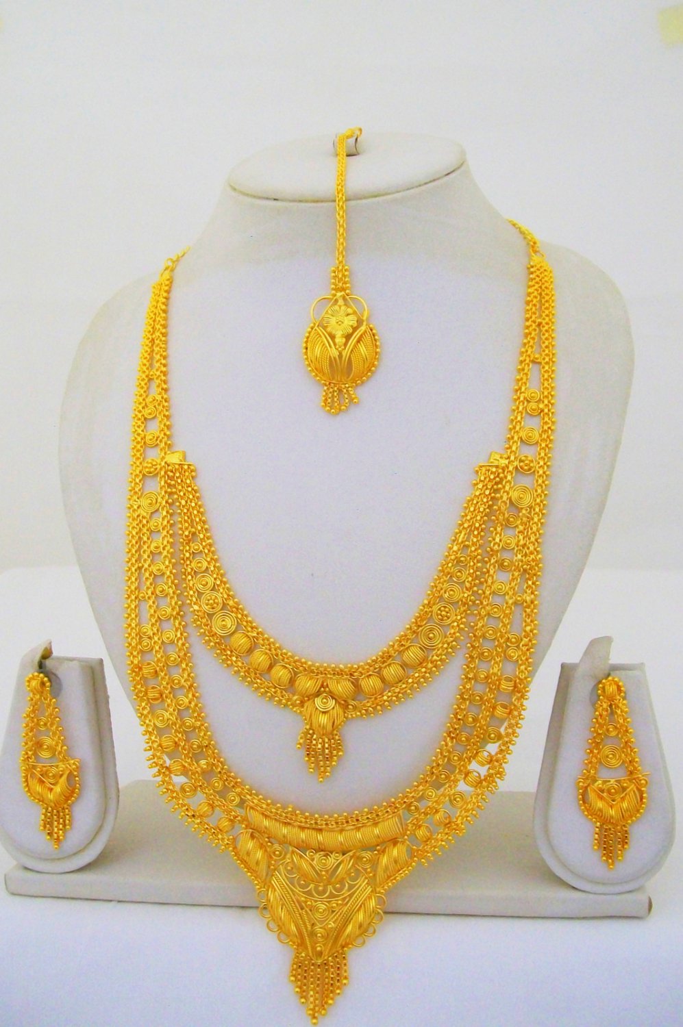 Gold Plated Indian Rani Haar Necklace Long Filigree Layered Bridal Jewelry Set