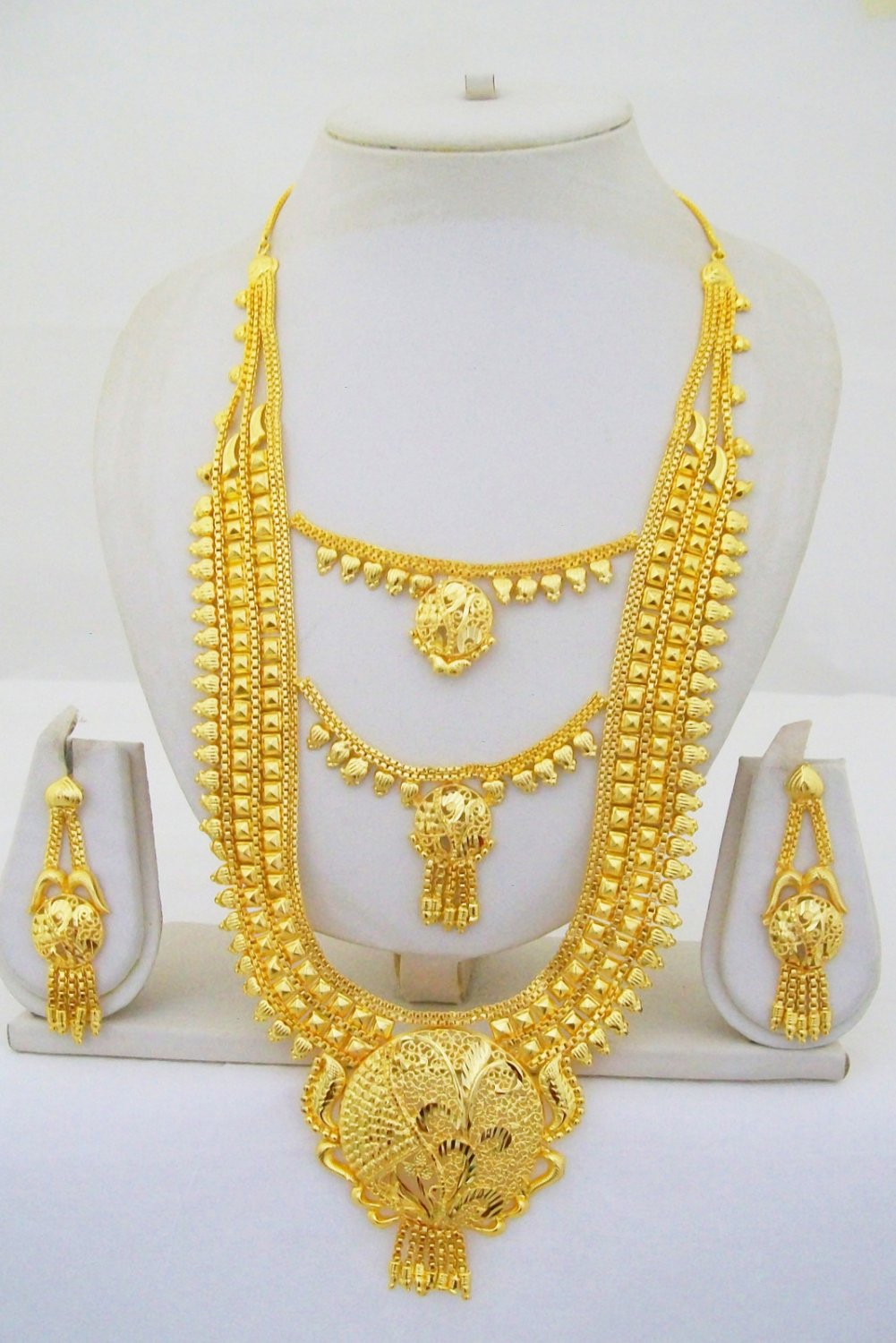 Gold Plated Indian Rani Haar Necklace Filigree Long Layered Vintage Ethnic Jewelry Set