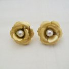 Matte Gold Plated Rose Flower Design Stud Earrings Pearl Vintage Bridal Bridesmaid Jewelry Gift