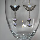 Unique Silver Butterfly Drop Earrings With Chain Rose and Violet Opal Swarovski Crystals