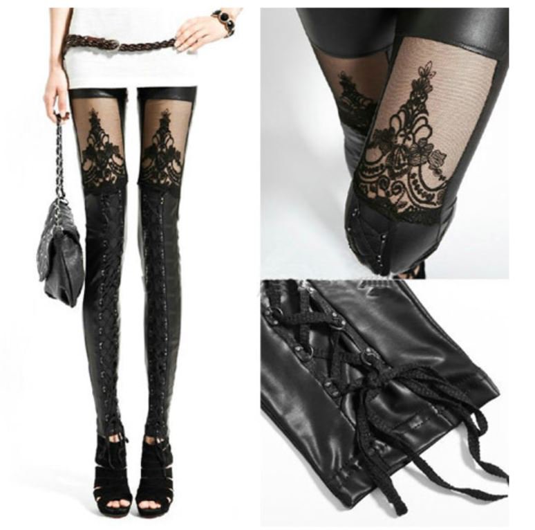 New trend Artificial PU Leather Lace Stitching Tights Leggings Pant