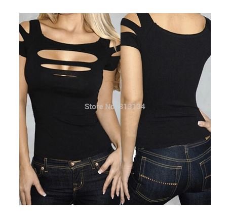 Sexy Ripped,Slashed Black Tight T Shirt,Top Clubwear Cut out Tee Club