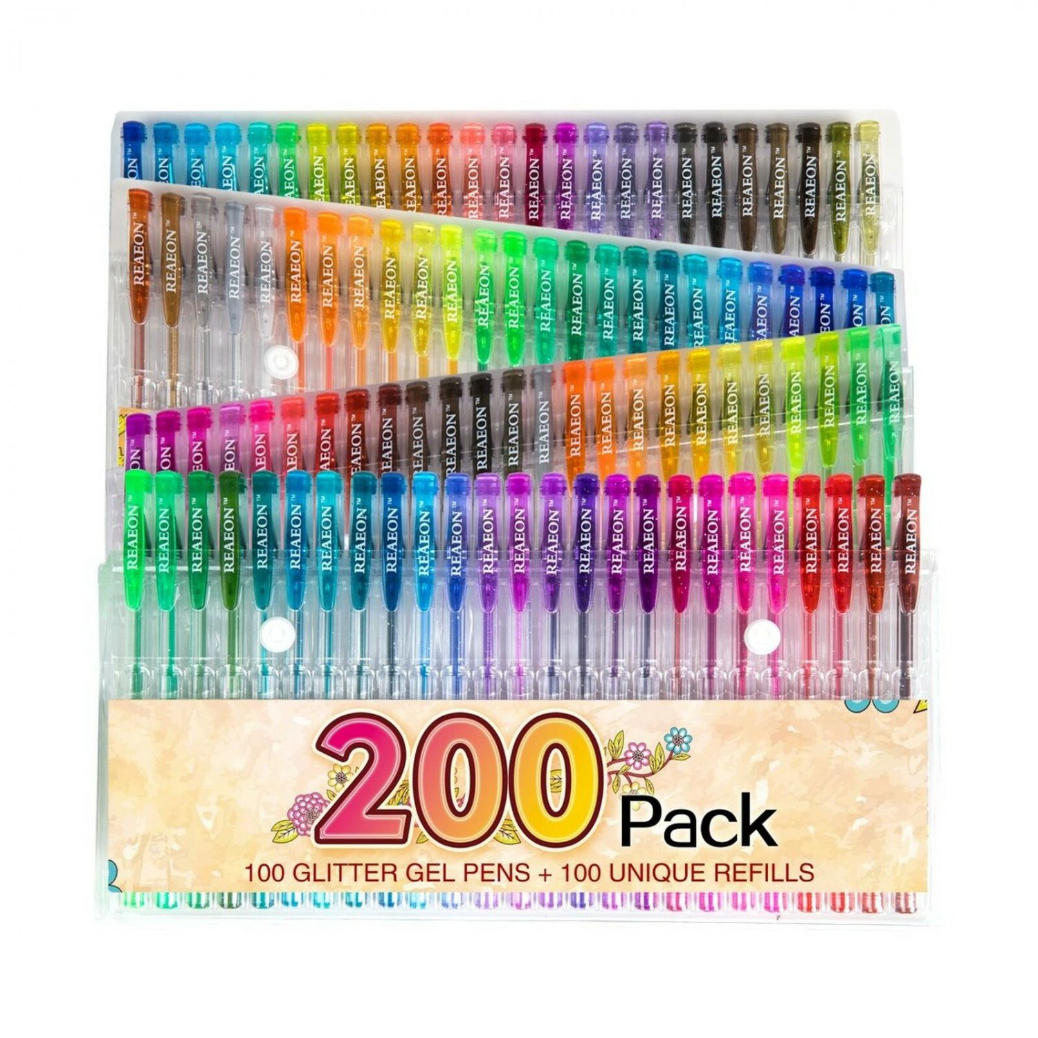 200 Glitter Gel Pen Set, 100 Gel Markers Plus 100 Refills Glitter Neon