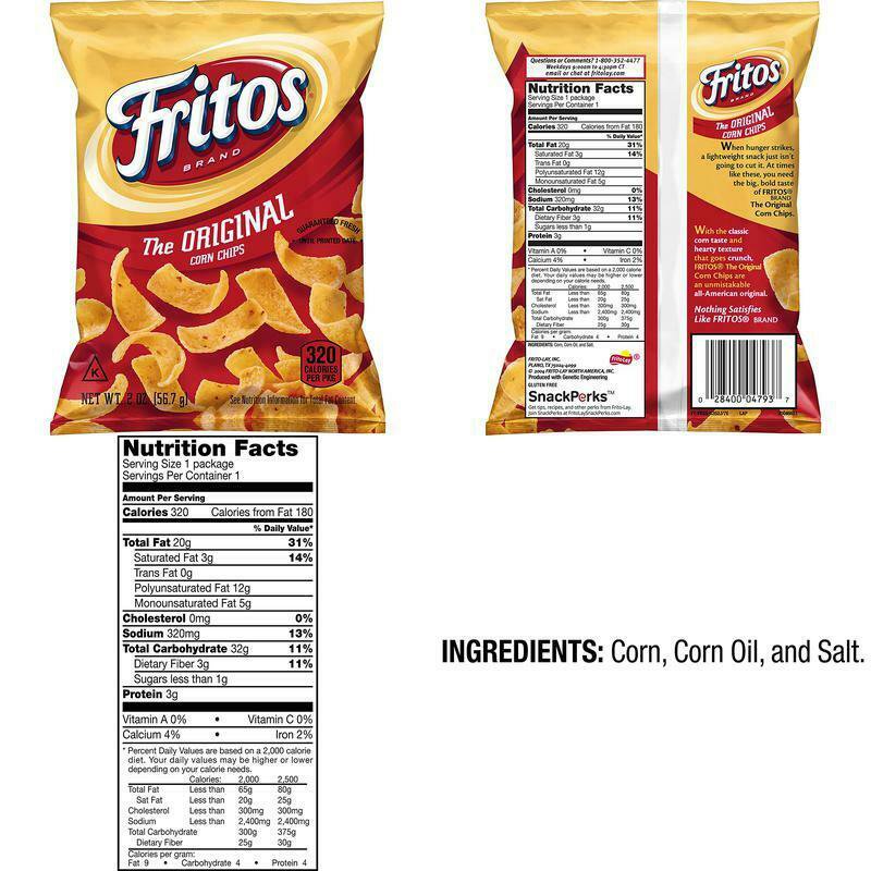 Fritos Original Corn Chips 2 Ounce Pack of 64 Gluten and Caesin Free