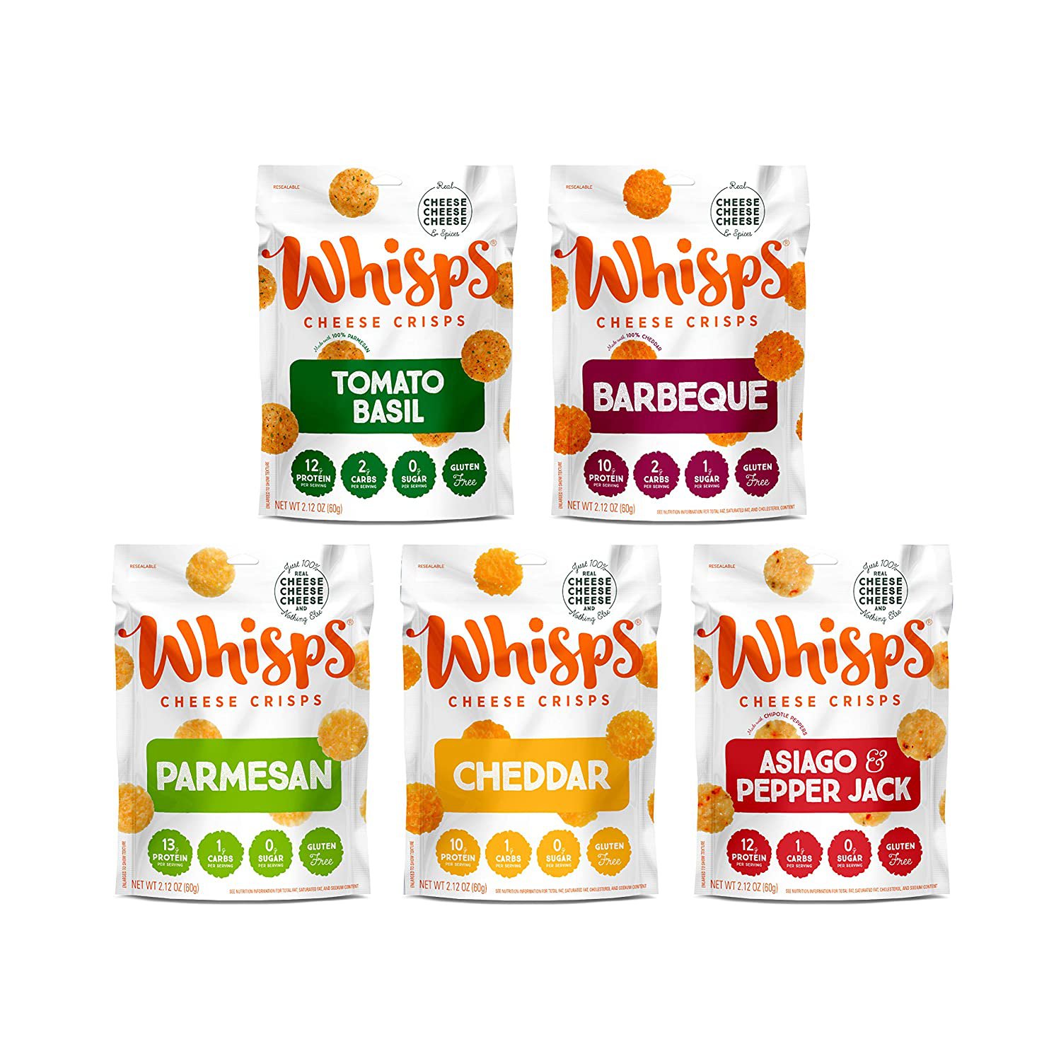 Keto Whisps Cheese Crisps 5 Variety Pack , No Gluten, No Sugar, Low