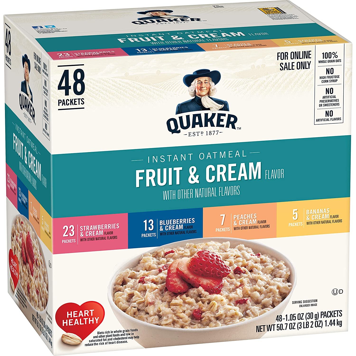 48 bags Quaker Instant Oatmeal, Fruit and Cream 4 Flavor Variety Pack ...