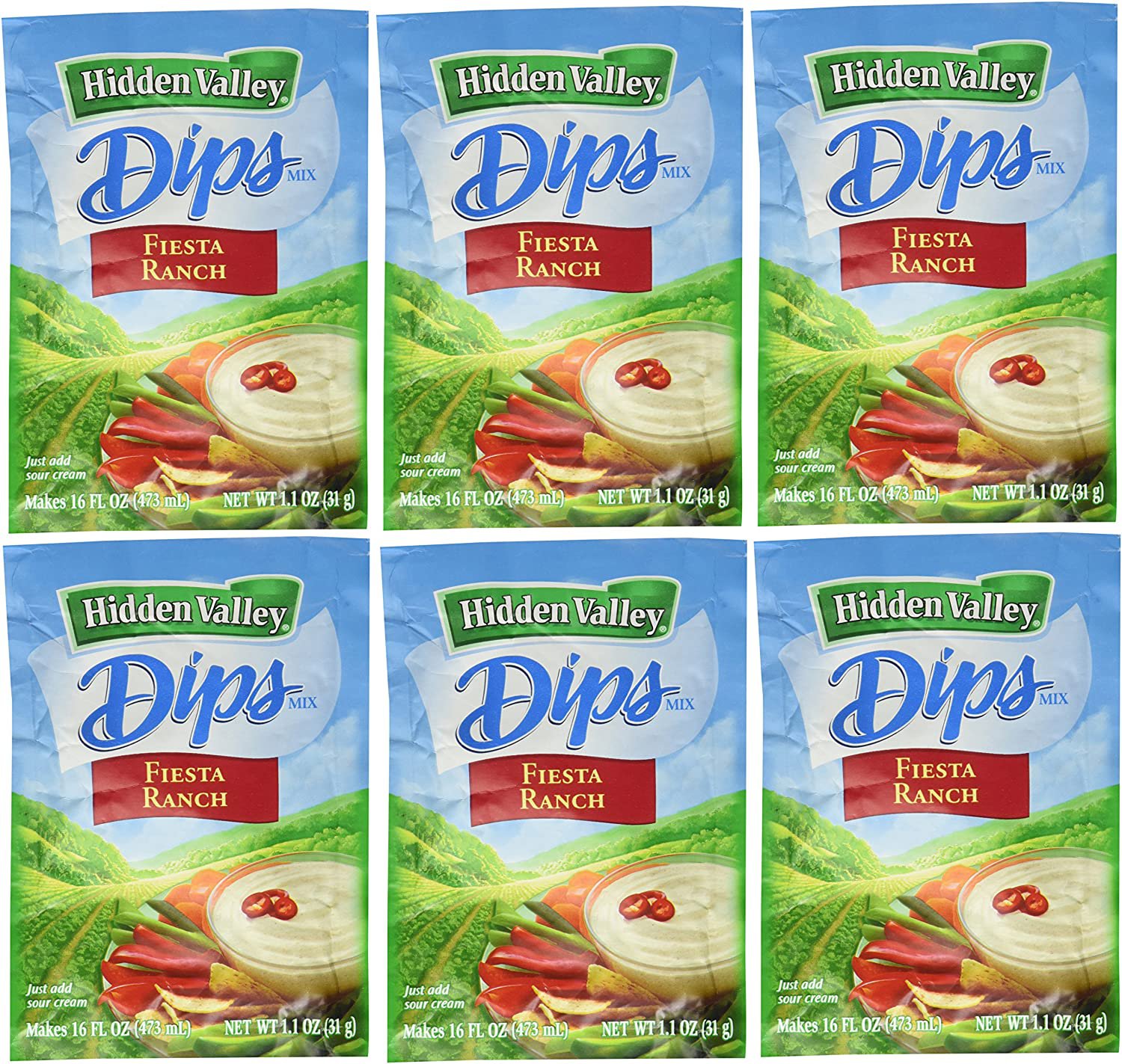 Hidden Valley Dips Mix, Fiesta Ranch 1.1 Oz Packets (Pack Of 6)