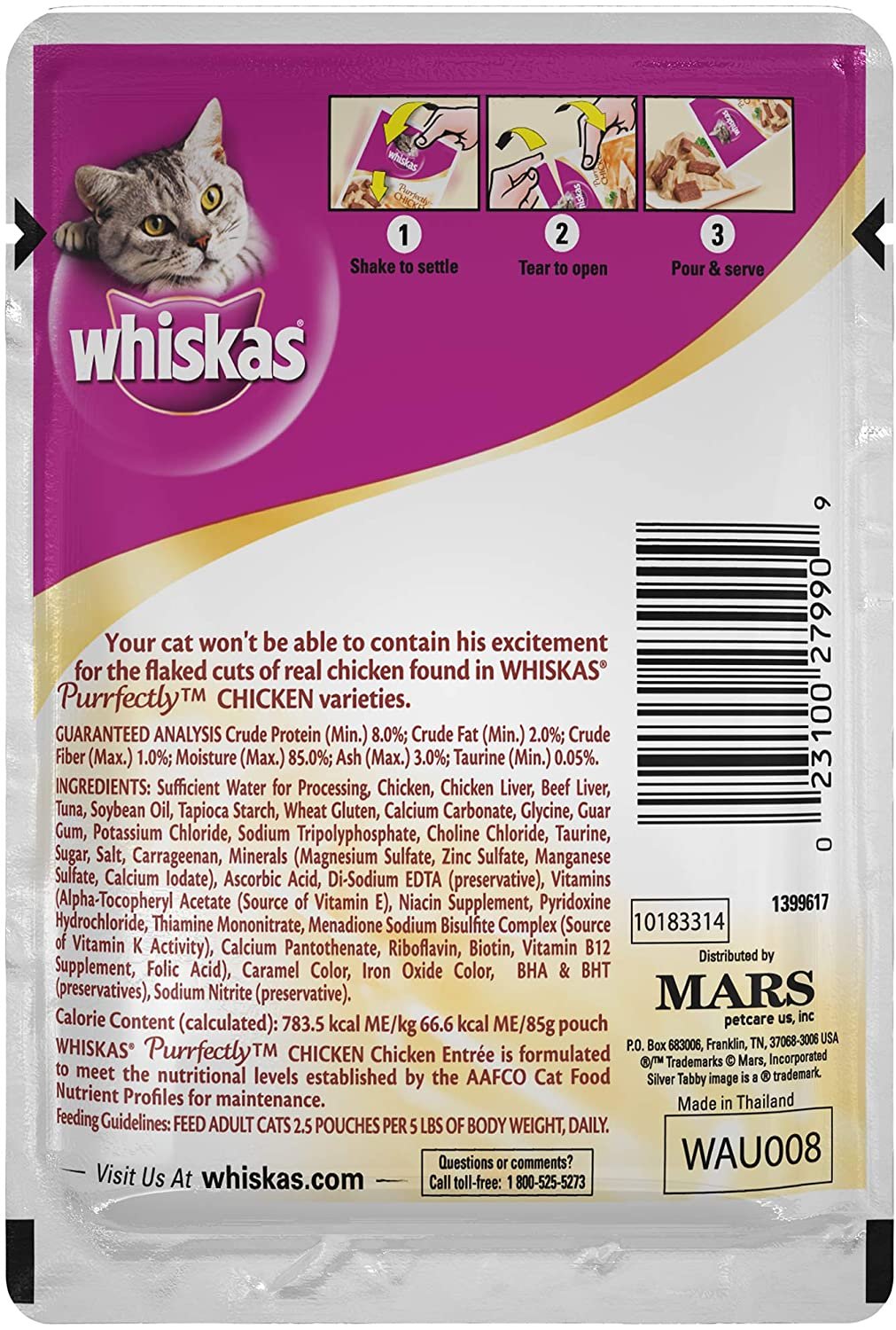 40 Whiskas Purrfectly Wet Cat Food Pouches, Chicken 40 count weight 8.2lb