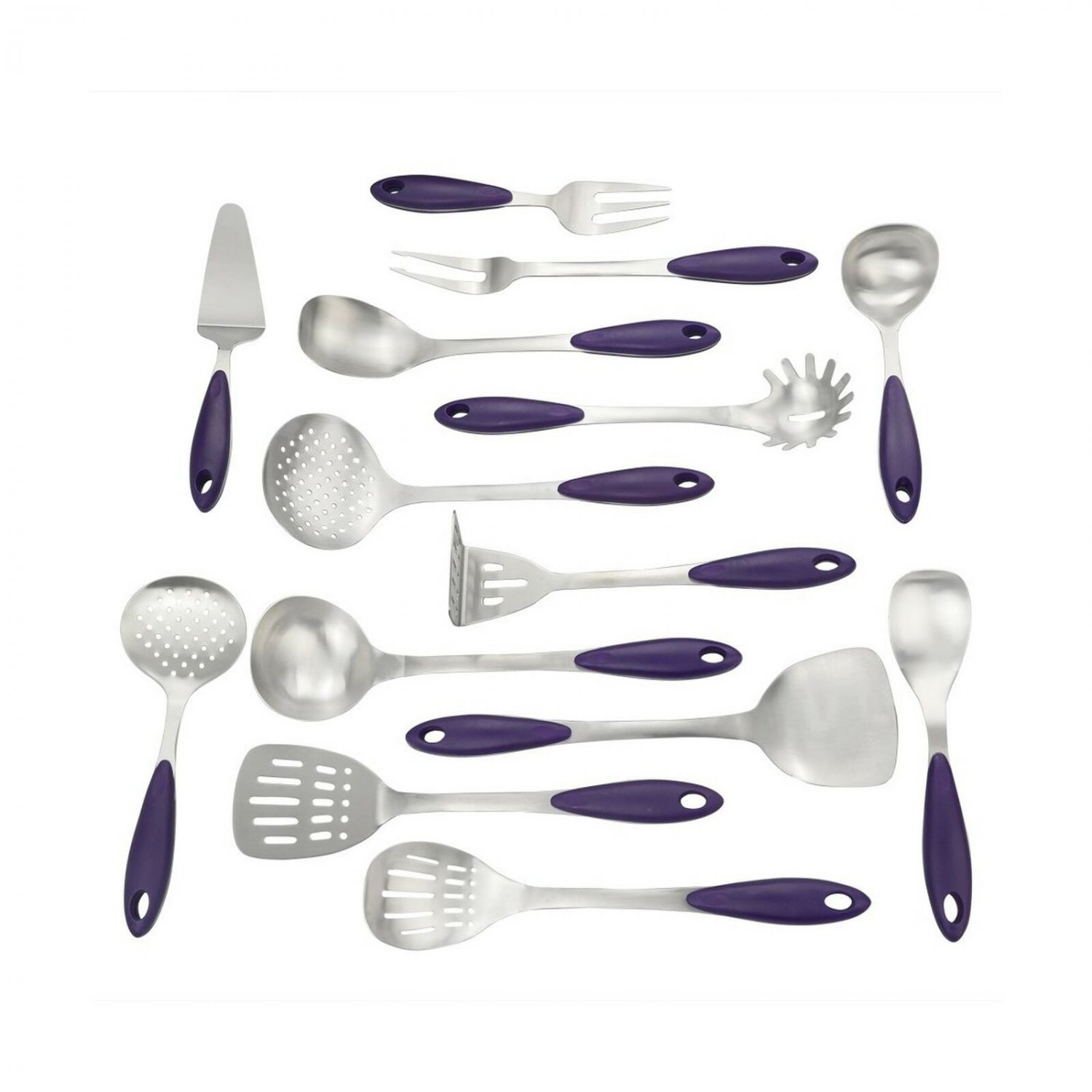 CompleteKitchen Cooking Utensil Set, Stainless Steel Cooking Set with Plastic Grip, Set of 14