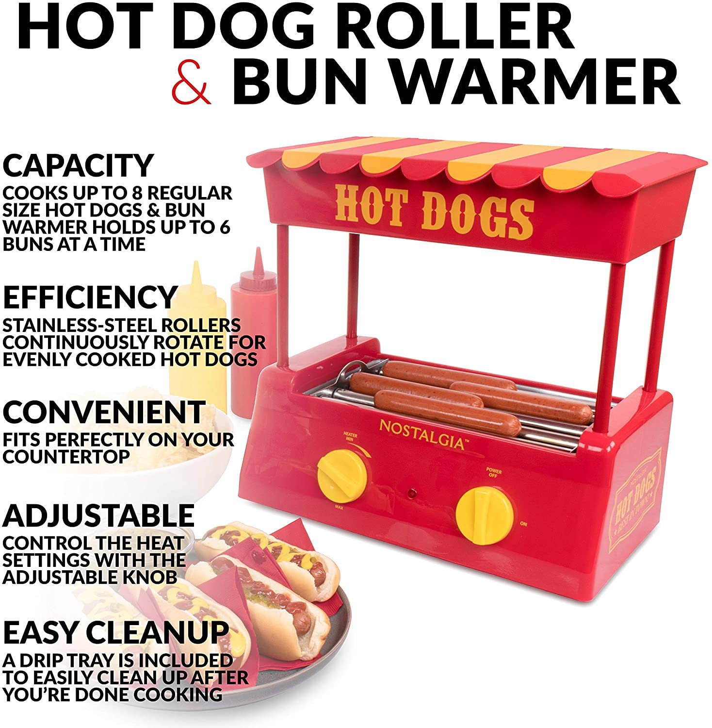 Nostalgia Hot Dog Roller Bun Warmer Adjustable Heat Machine Cooker Grill