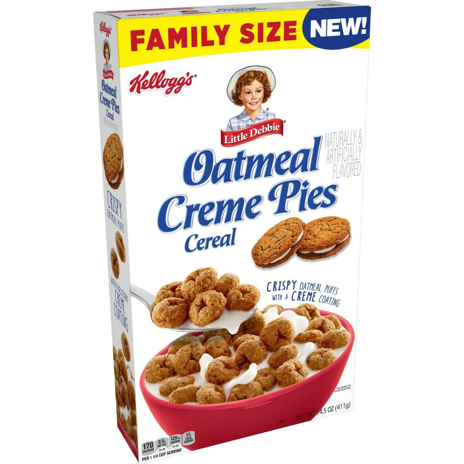 KELLOGG'S FAMILY SIZE LITTLE DEBBIE OATMEAL CREAM PIES CEREAL 14.5 OZ BOX