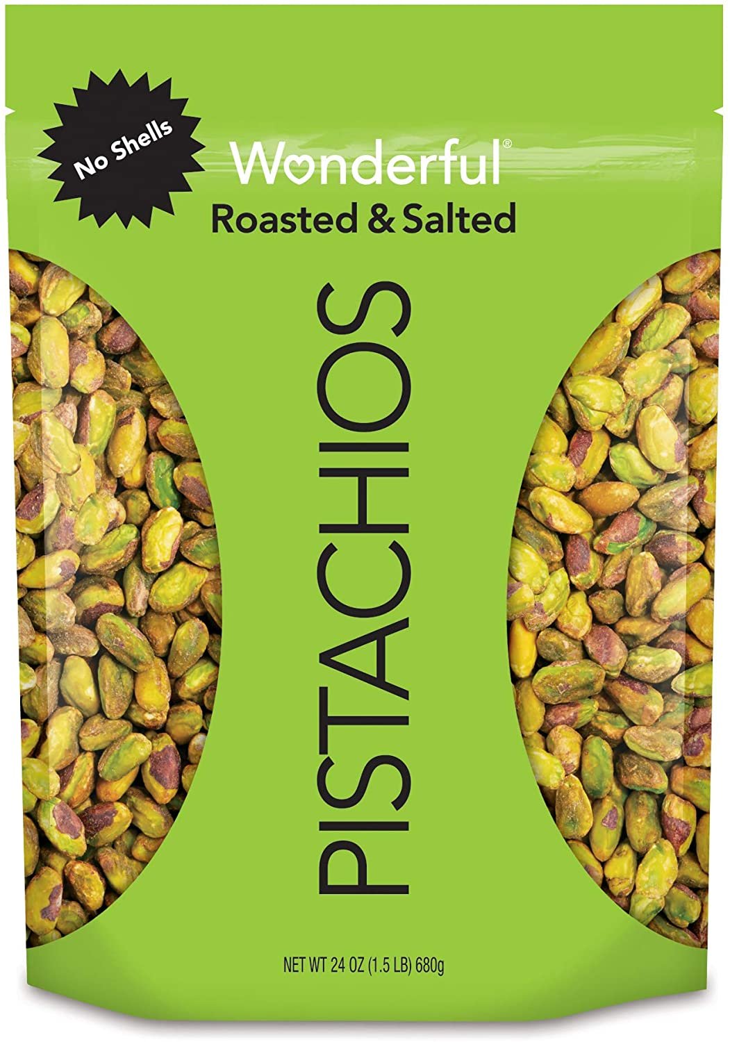 Wonderful Pistachios, No Shells, Roasted & Salted,48Ounce Resealable Bag 2 bags of 24 oz