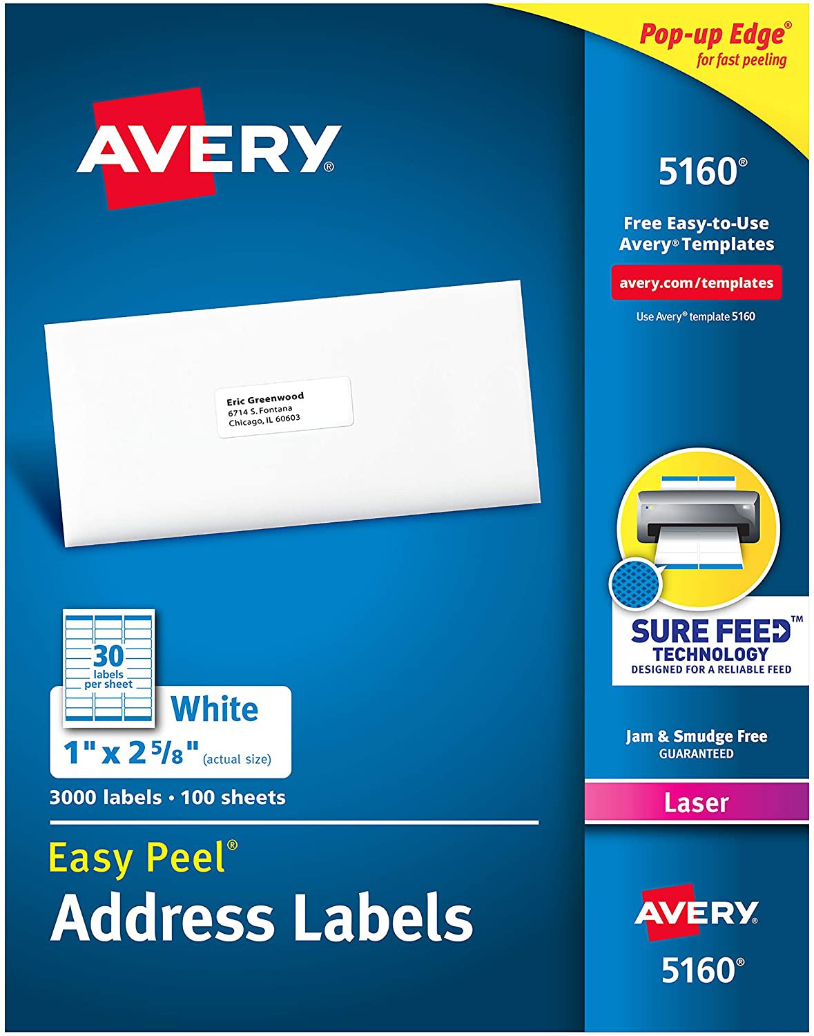 Avery 5160 Easy Peel Address Labels White, 1 x 2-5/8 Inch, 3,000 Count