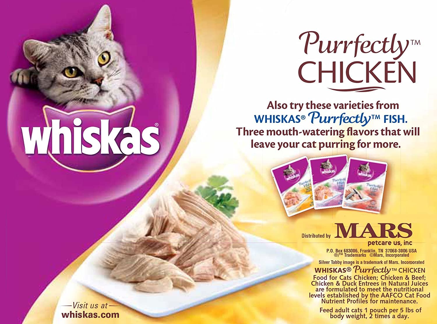 40 Whiskas Purrfectly Wet Cat Food Pouches, Chicken 40 count weight 8.2lb