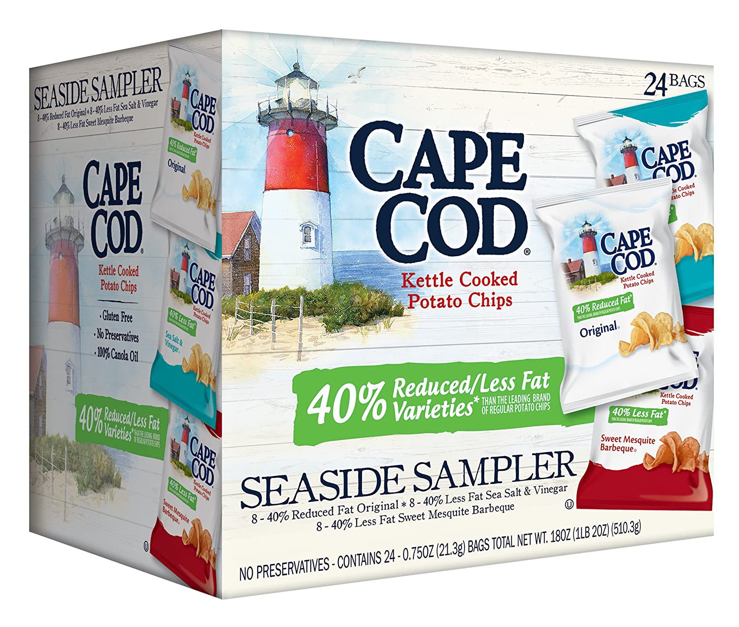 Cape Cod Potato Chips, Reduced Fat Potato Chips Variety Pack Seaside Sampler, 24  -