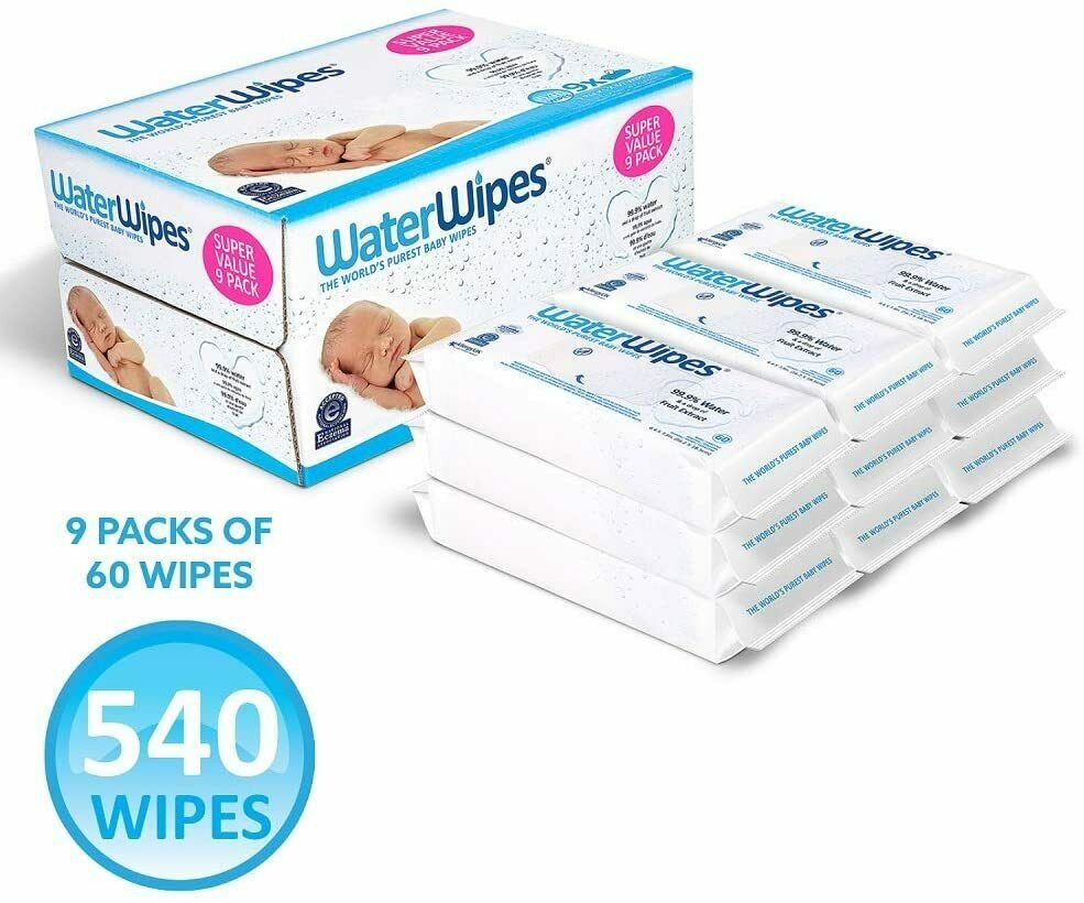 WaterWipes Unscented Baby 540 Wipes, Sensitive and Newborn Skin, 9 Packs  X 60