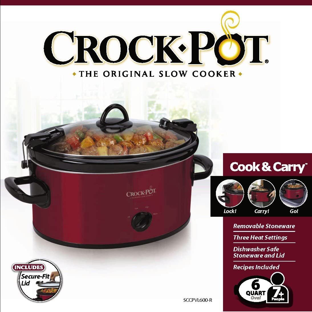 CrockPot 6Quart Cook & Carry Oval Manual Portable Slow Cooker, Red