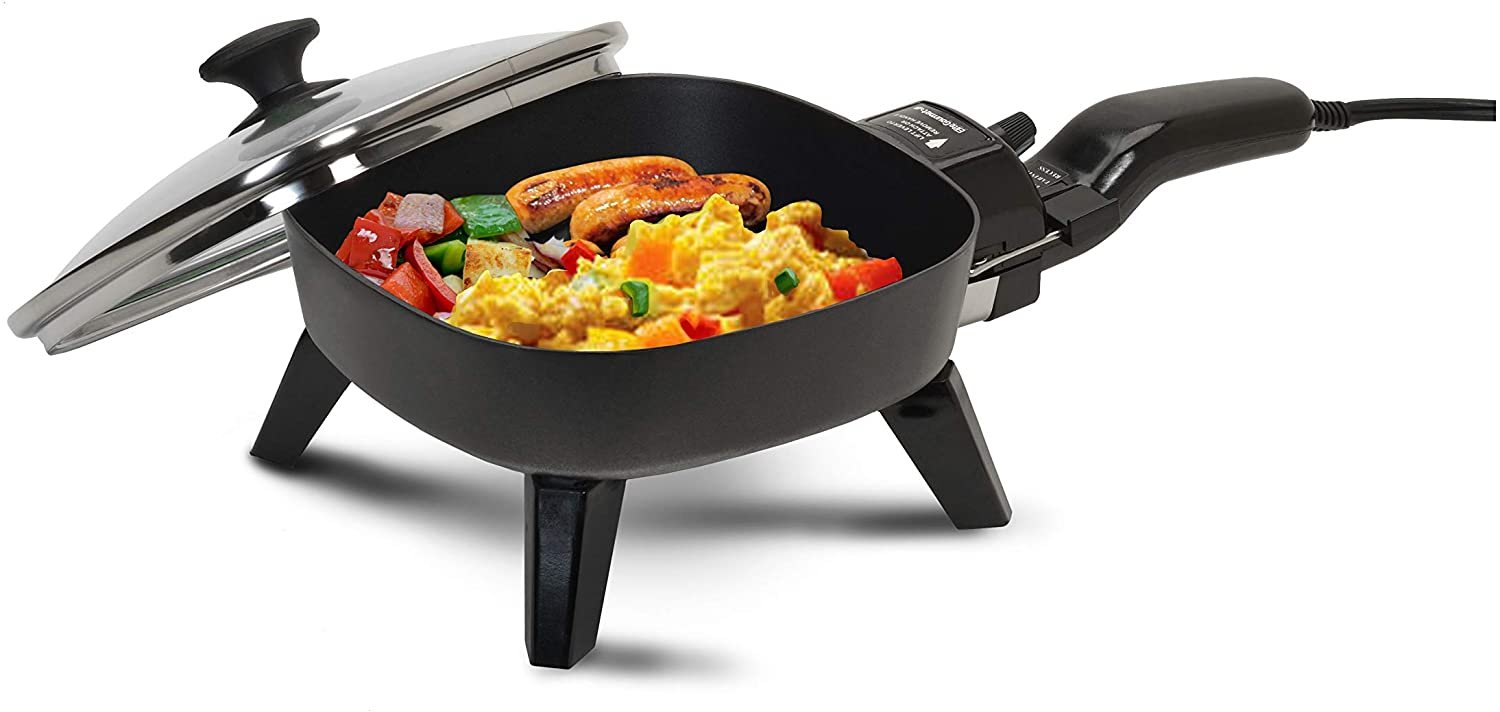 Personal Stir Fry Griddle Pan, Rapid Heat Up, 600 Watts, Glass Lid Cooking Skillet