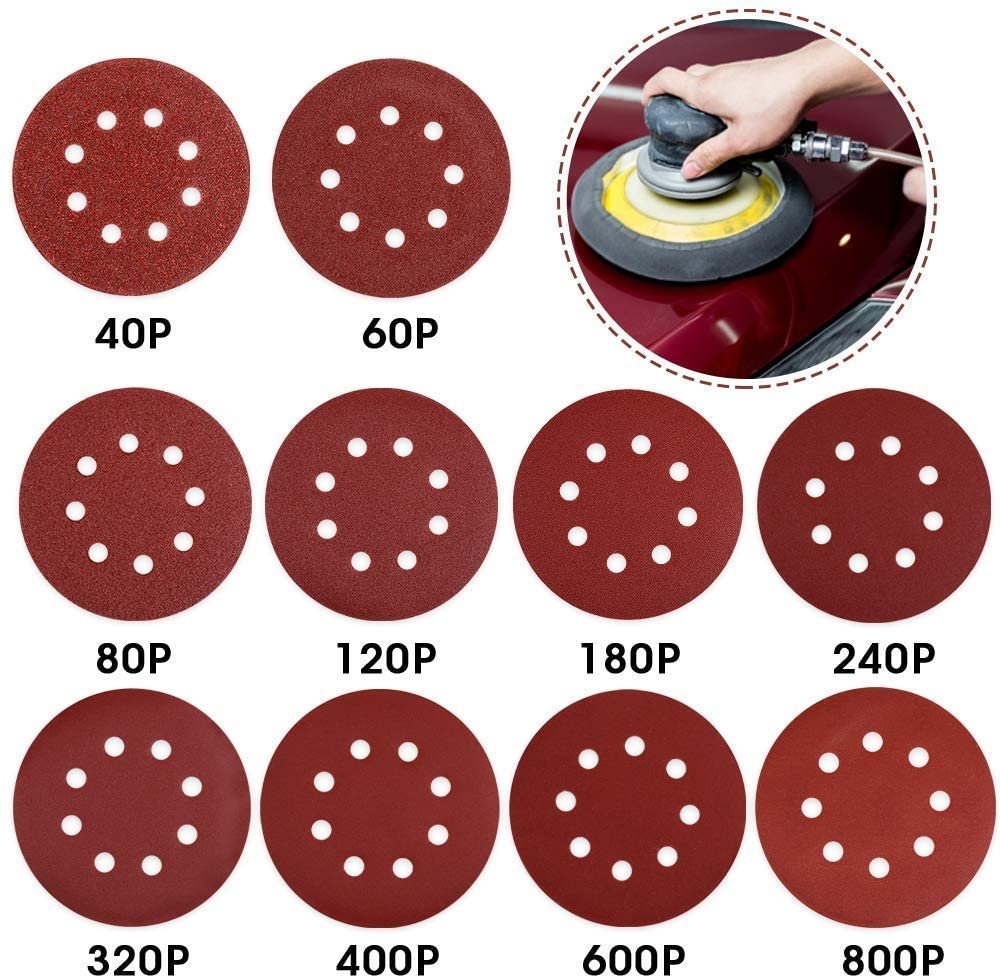 100 PCS Sanding Discs - Sandpaper 5 Inch 8 Hole Hook and Loop Sanding Discs 10 Different Grades