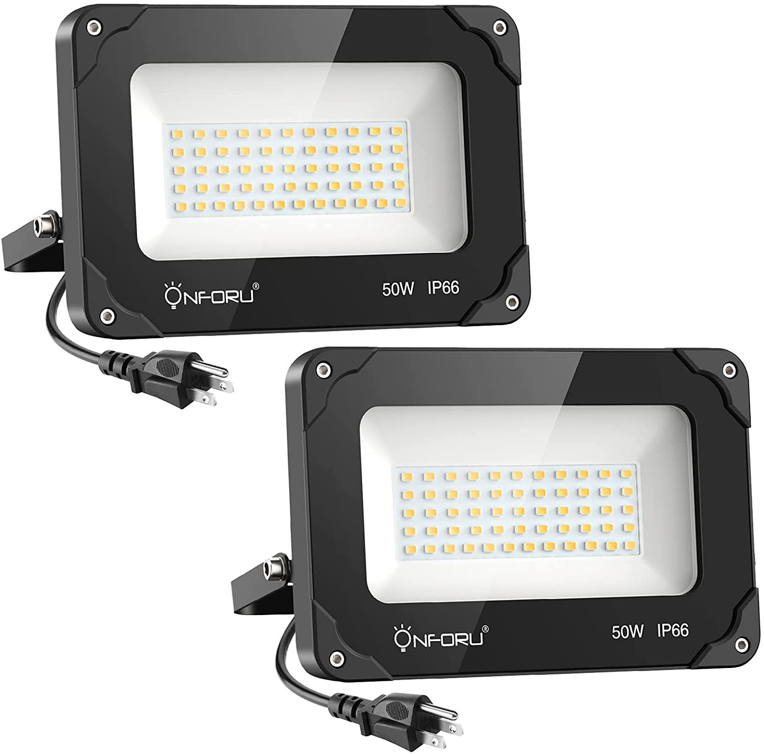 Onforu 2 Pack 50W LED Flood Light with Plug, 5000lm Super Bright LED Work Ligh