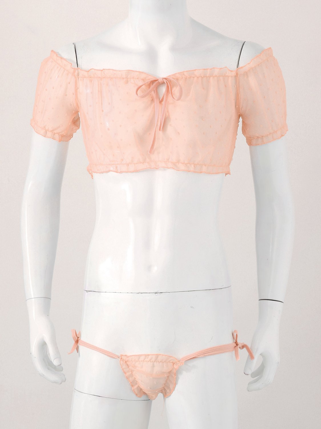 Men 2 Pcs Sissy Lingerie Set  Nightwear Off Shoulder Ruffled Crop Top   Frilly Thongs Mini Briefs