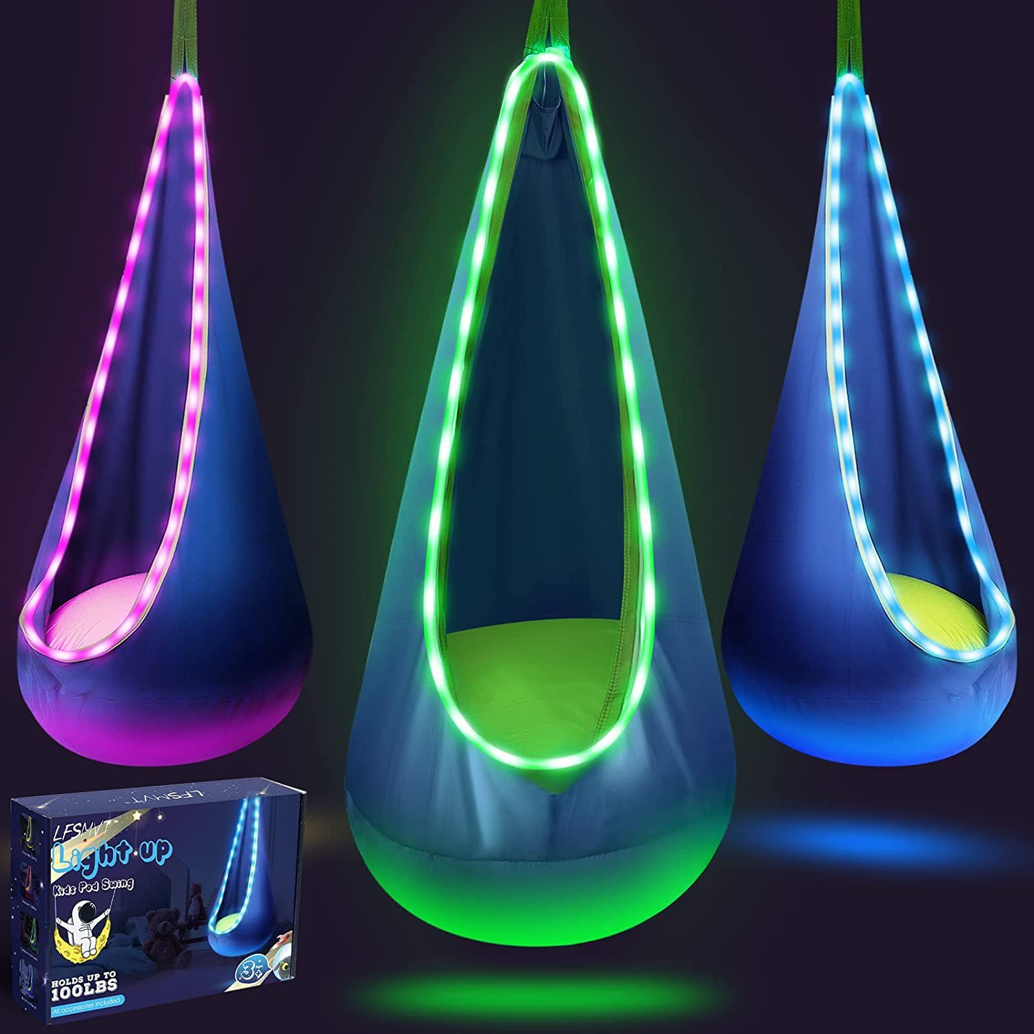 LFSMVT Light up Kids Pod Swing Seat, Kids Hanging Hammock Swing with LED